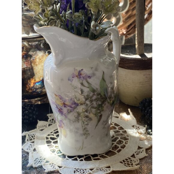 Vintage Porcelain Creamer Lavender Iris LOV Floral Early 1900s Shabby Chic - Picture 16 of 16